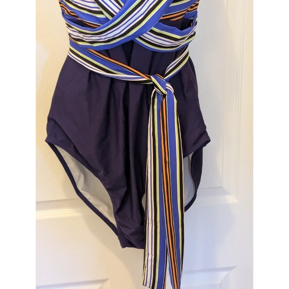 NWT Meet.Curve One Piece Swimsuit 3X Plus Size Striped Halter Wrap Swimwear New
